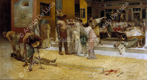 Lucha de gladiadores durante una cena en Pompeya