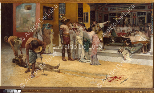 Gladiatorial wrestling during a dinner in Pompeii