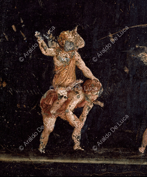 Maison des Vettii. Frise du Triclinium. Fresque avec des Cupidons avec des chars. Détail