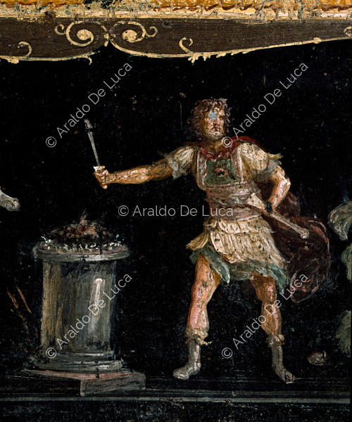 Haus der Vettii. Triclinium-Fries. Fresko mit der Opferung der Iphigenie. Detail mit Agamemnon