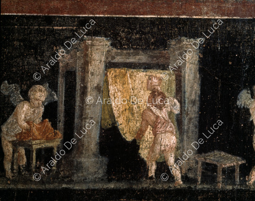 Haus der Vettii. Triclinium Fries. Fresko mit Amorini fulloni. Ausschnitt