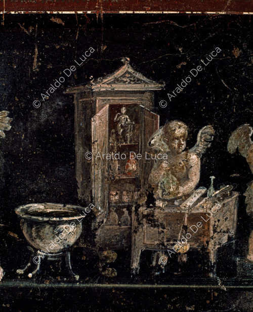 Haus der Vettii. Triclinium Fries. Fresko mit Amorini-Parfümeuren. Ausschnitt
