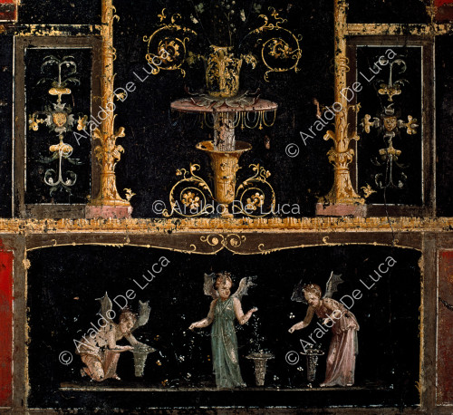 Haus der Vettii. Triclinium-Fries. Fresko mit den Amoretten der Goldschmiede. Ausschnitt