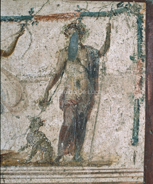 Via dell'Abbondanza. Thermopolis. Fresko des Larariums. Detail mit Dionysos