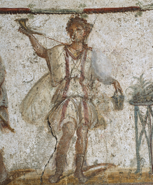 Via dell'Abbondanza. Thermopolis. Lararium fresco. Detail with Lare