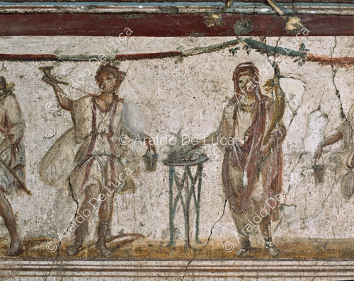 Via dell'Abbondanza. Thermopolis. Lararium fresco. Detail with Domestic Genius