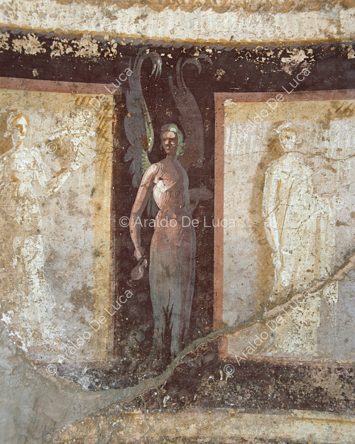 House of Menander. Calidarium. Fresco with winged women. Detail