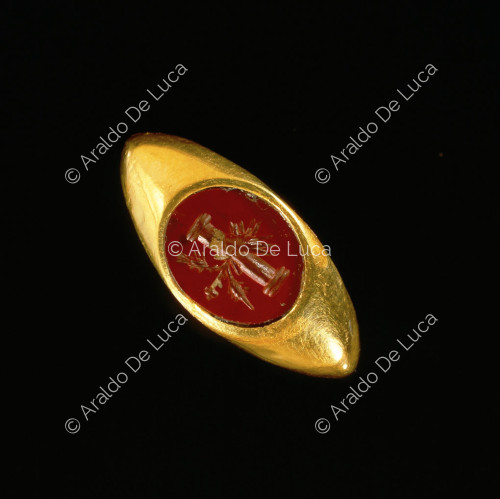 Gold ring with carving on red jasper