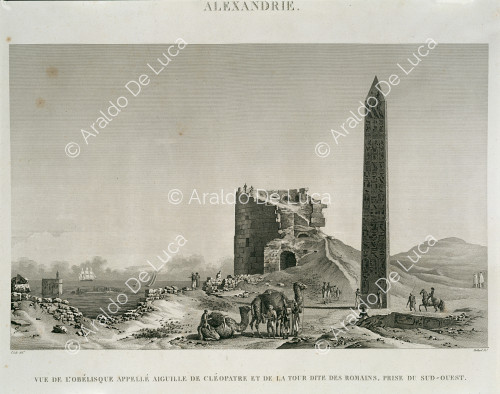 La aguja de Cleopatra y la torre romana de Alejandría: grabado