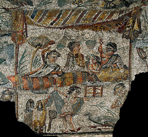 Mosaico con escena de fiesta durante la inundación