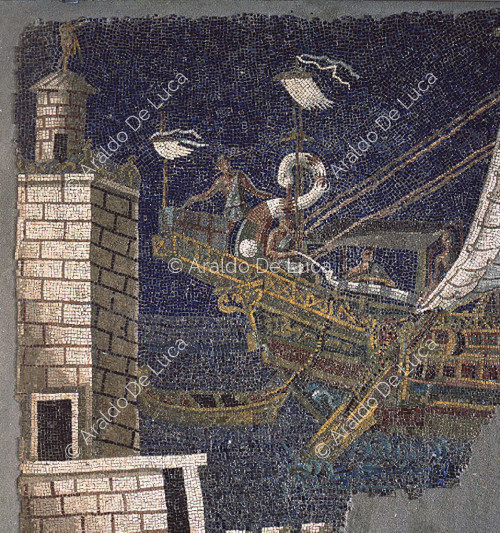 Mosaic depicting a harbour scene