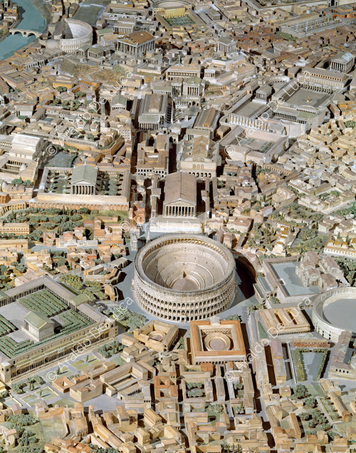 Model of Imperial Rome. Detail with the Colosseum and the Ludus Magnus