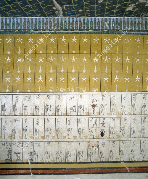 Amduat: list of divinities, grid with stars and incense burners