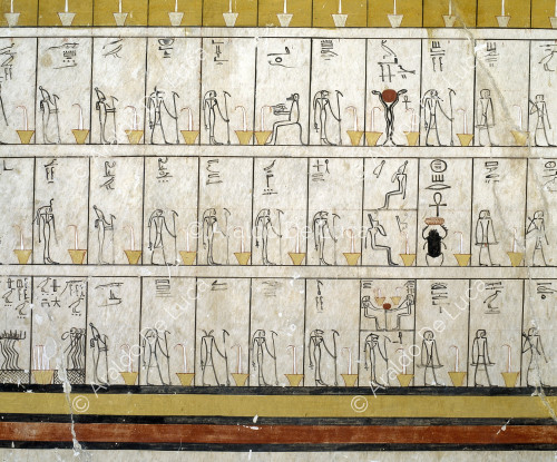 Amduat: list of divinities, grid with stars and incense burners