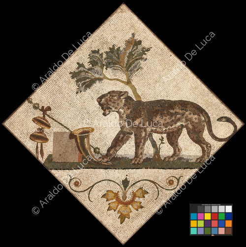 Mosaic of Dionysus with a panther and symbols.