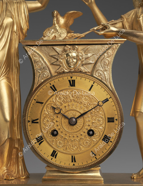 Love and Friendship - Table clock, detail of the lyre altar and the clock face