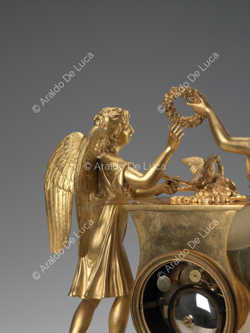 Love and Friendship - Table clock, detail of the figure of Love and the floral crown
